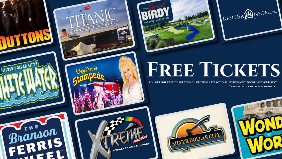 A lively display of attraction tickets with colorful graphics and promotional text, hinting at the variety of family-friendly experiences nearby, including theme parks and aquariums. The image is playful and energetic, suggesting a world of adventure just beyond the home.